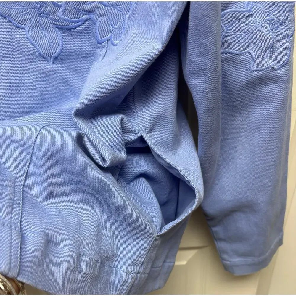 Cotton Jacket Floral Applique Blue Stretch Zip Up Collarless Women's Size L